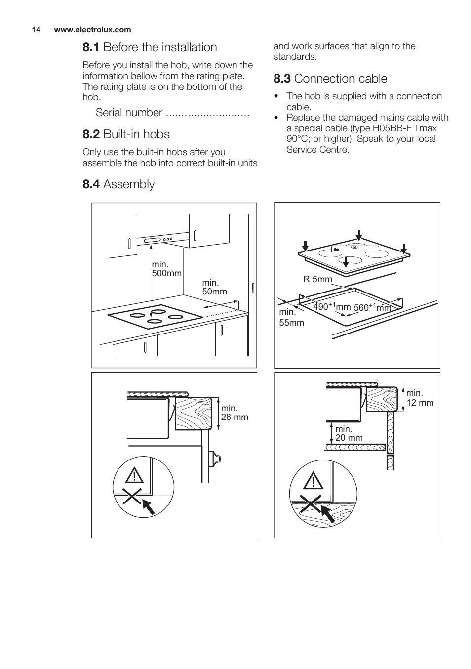 1 before the installation, 2 built-in hobs, 3 connection cable | 4 assembly | Electrolux EHF6747FOK User Manual | Page 14 / 64