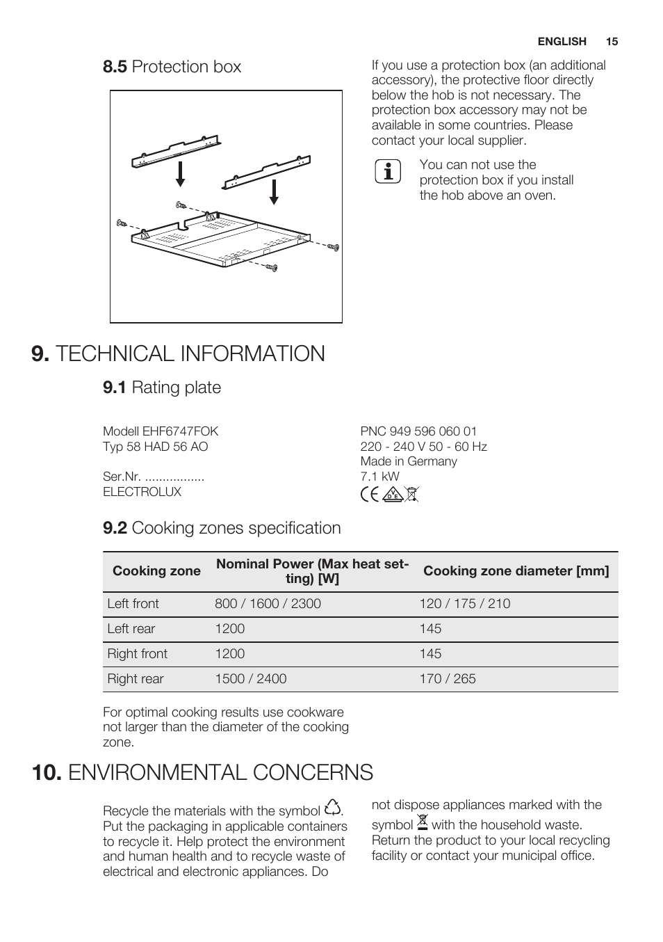 5 protection box, Technical information, 1 rating plate | 2 cooking zones specification, Environmental concerns | Electrolux EHF6747FOK User Manual | Page 15 / 64