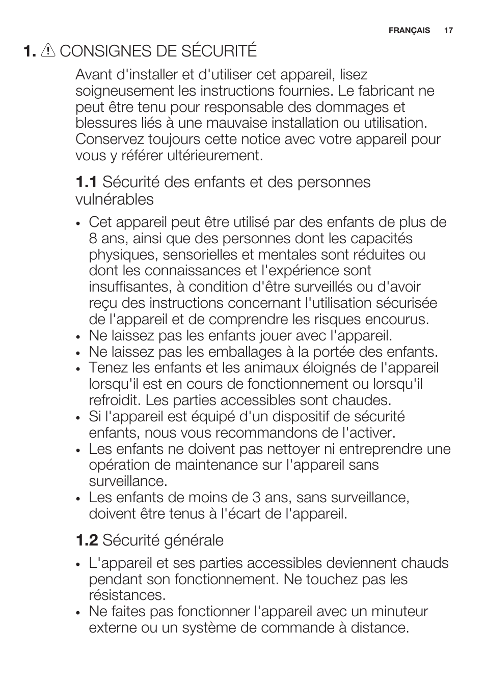 Consignes de sécurité, 2 sécurité générale | Electrolux EHF6747FOK User Manual | Page 17 / 64