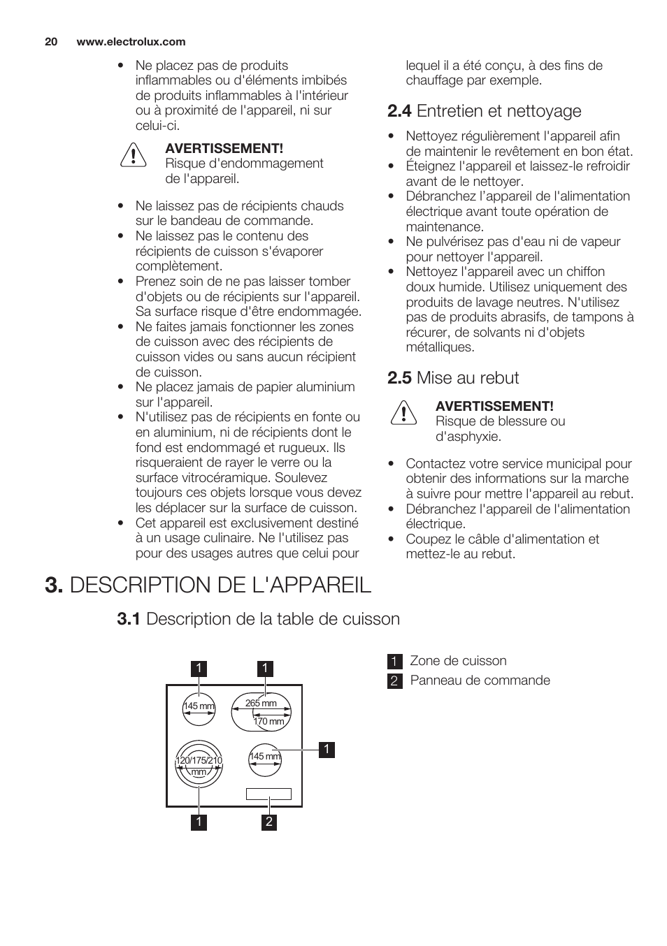 4 entretien et nettoyage, 5 mise au rebut, Description de l'appareil | 1 description de la table de cuisson | Electrolux EHF6747FOK User Manual | Page 20 / 64