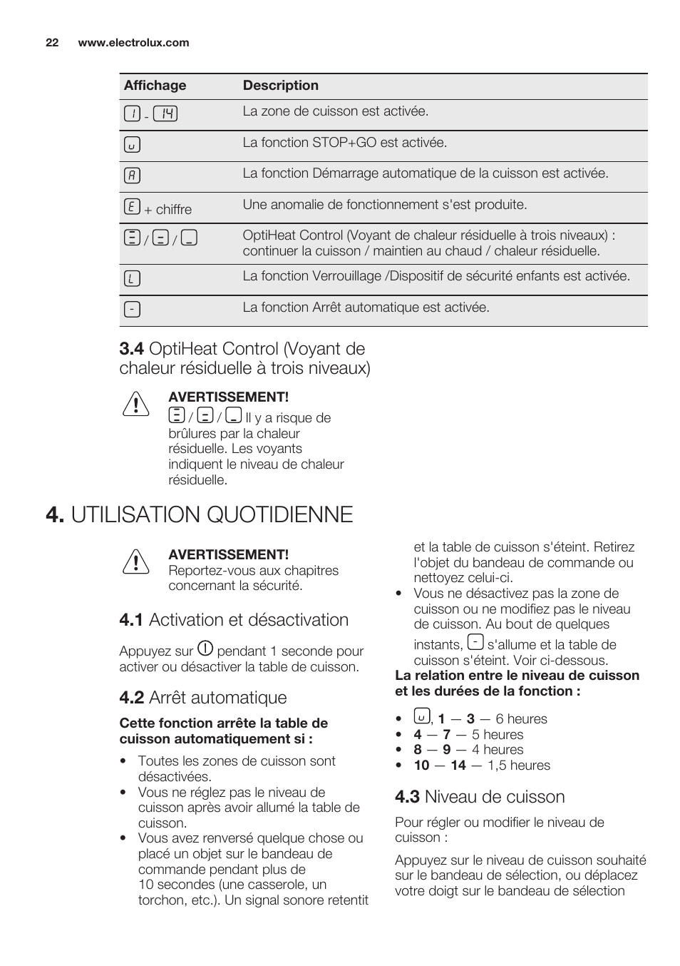 Utilisation quotidienne, 1 activation et désactivation, 2 arrêt automatique | 3 niveau de cuisson | Electrolux EHF6747FOK User Manual | Page 22 / 64