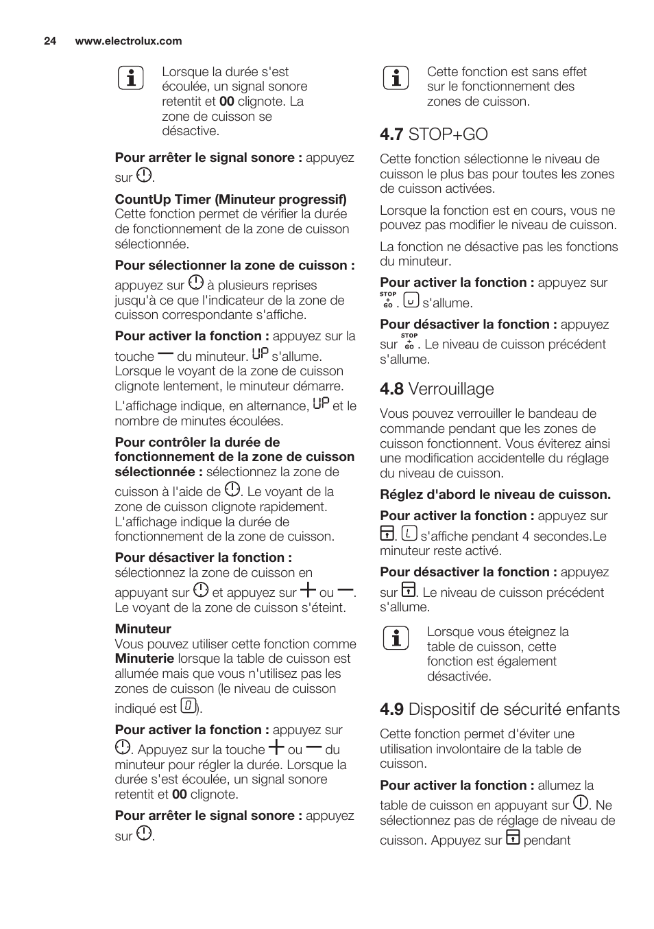 7 stop+go, 8 verrouillage, 9 dispositif de sécurité enfants | Electrolux EHF6747FOK User Manual | Page 24 / 64