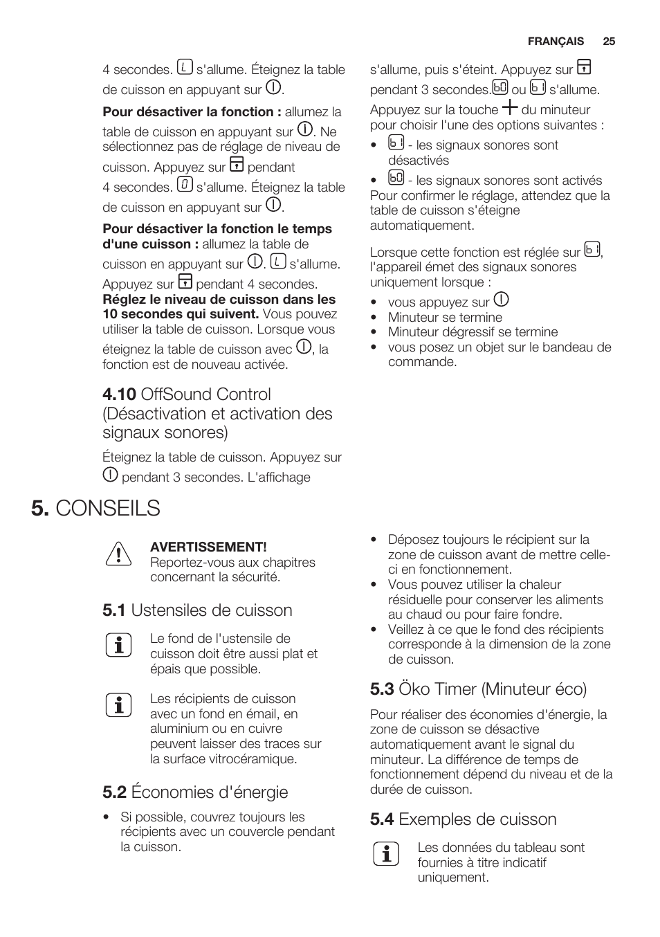 Conseils, 1 ustensiles de cuisson, 2 économies d'énergie | 3 öko timer (minuteur éco), 4 exemples de cuisson | Electrolux EHF6747FOK User Manual | Page 25 / 64