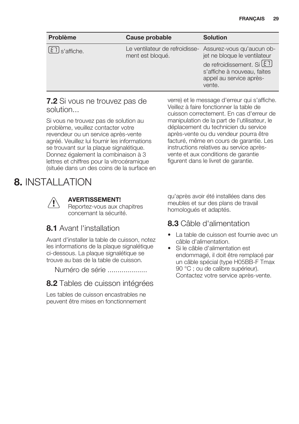 2 si vous ne trouvez pas de solution, Installation, 1 avant l'installation | 2 tables de cuisson intégrées, 3 câble d'alimentation | Electrolux EHF6747FOK User Manual | Page 29 / 64