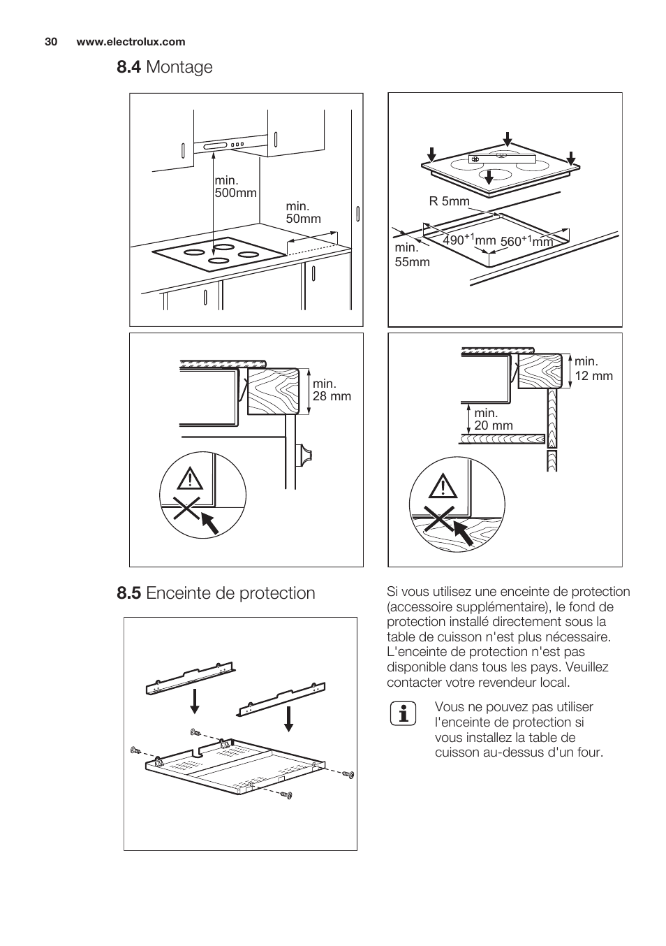 4 montage, 5 enceinte de protection, Caractéristiques techniques | Electrolux EHF6747FOK User Manual | Page 30 / 64