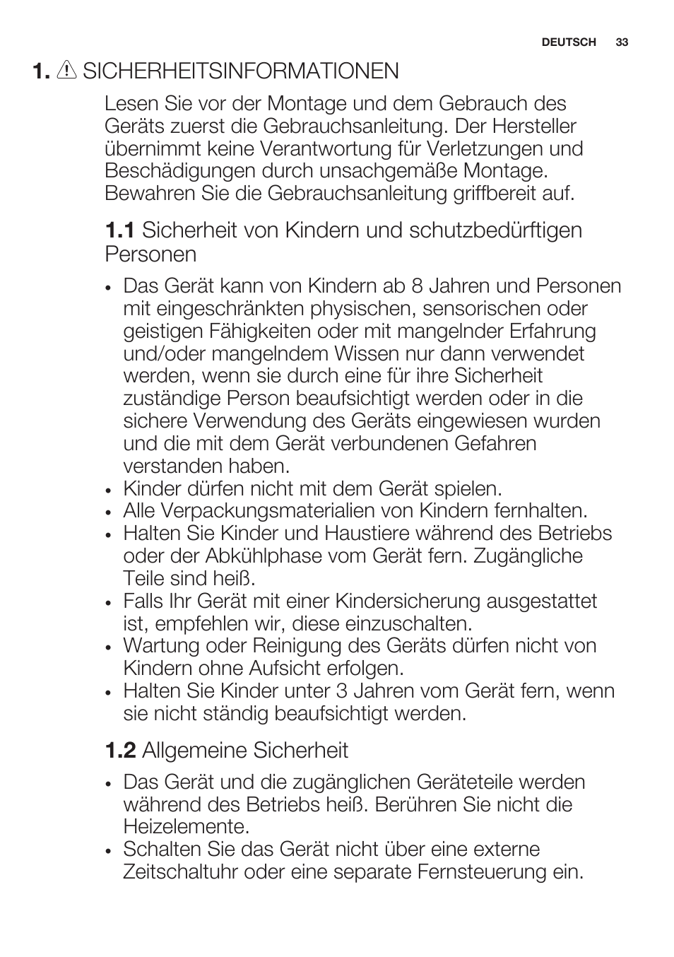 Sicherheitsinformationen, 2 allgemeine sicherheit | Electrolux EHF6747FOK User Manual | Page 33 / 64