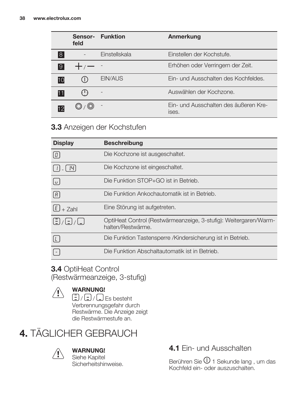 3 anzeigen der kochstufen, 4 optiheat control (restwärmeanzeige, 3-stufig), Täglicher gebrauch | 1 ein- und ausschalten | Electrolux EHF6747FOK User Manual | Page 38 / 64