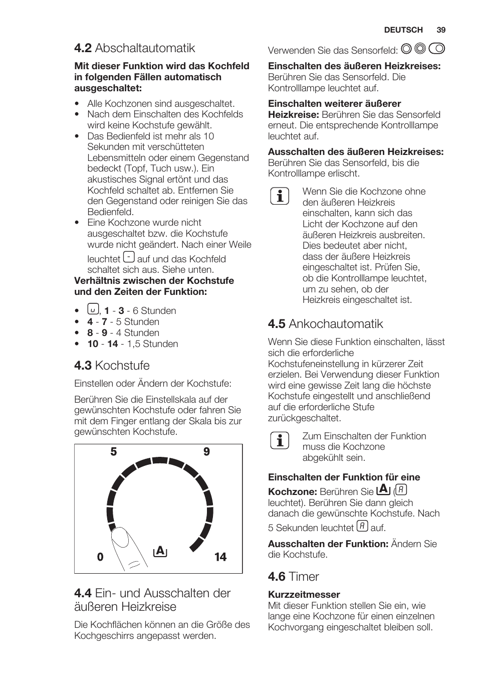 2 abschaltautomatik, 3 kochstufe, 4 ein- und ausschalten der äußeren heizkreise | 5 ankochautomatik, 6 timer | Electrolux EHF6747FOK User Manual | Page 39 / 64