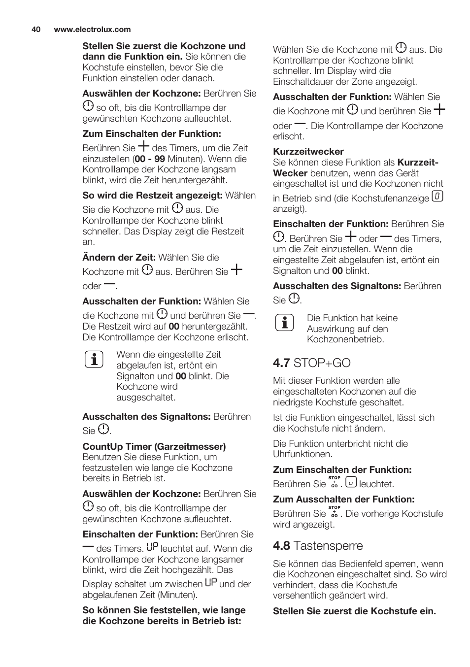 7 stop+go, 8 tastensperre | Electrolux EHF6747FOK User Manual | Page 40 / 64