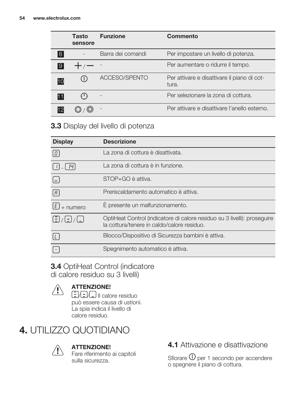 3 display del livello di potenza, Utilizzo quotidiano, 1 attivazione e disattivazione | Electrolux EHF6747FOK User Manual | Page 54 / 64