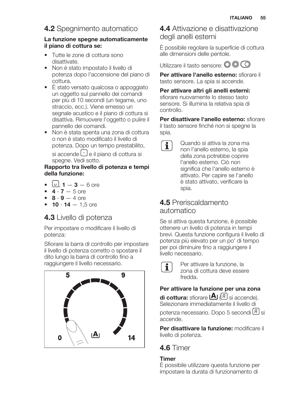 2 spegnimento automatico, 3 livello di potenza, 5 preriscaldamento automatico | 6 timer | Electrolux EHF6747FOK User Manual | Page 55 / 64