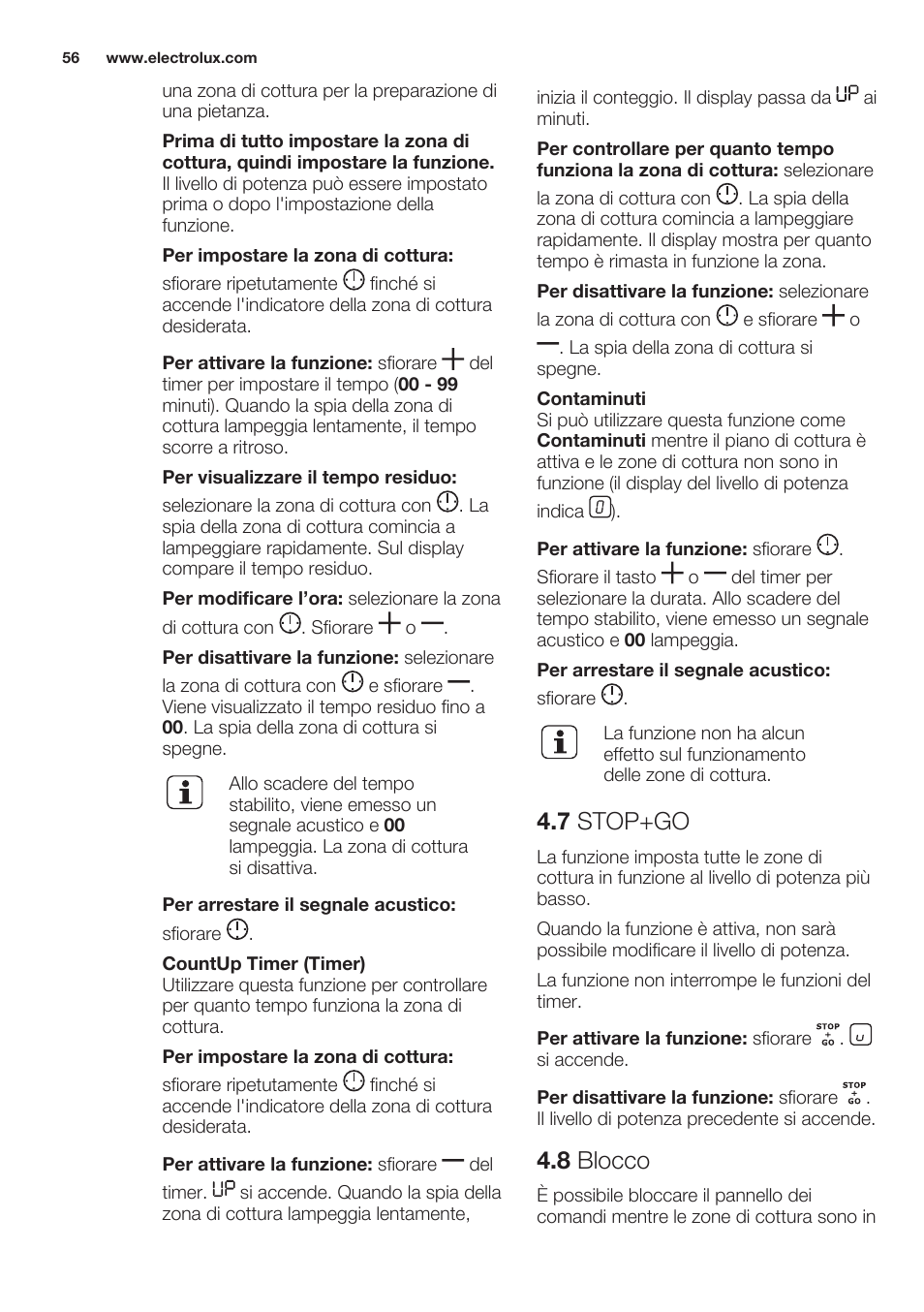 7 stop+go, 8 blocco | Electrolux EHF6747FOK User Manual | Page 56 / 64