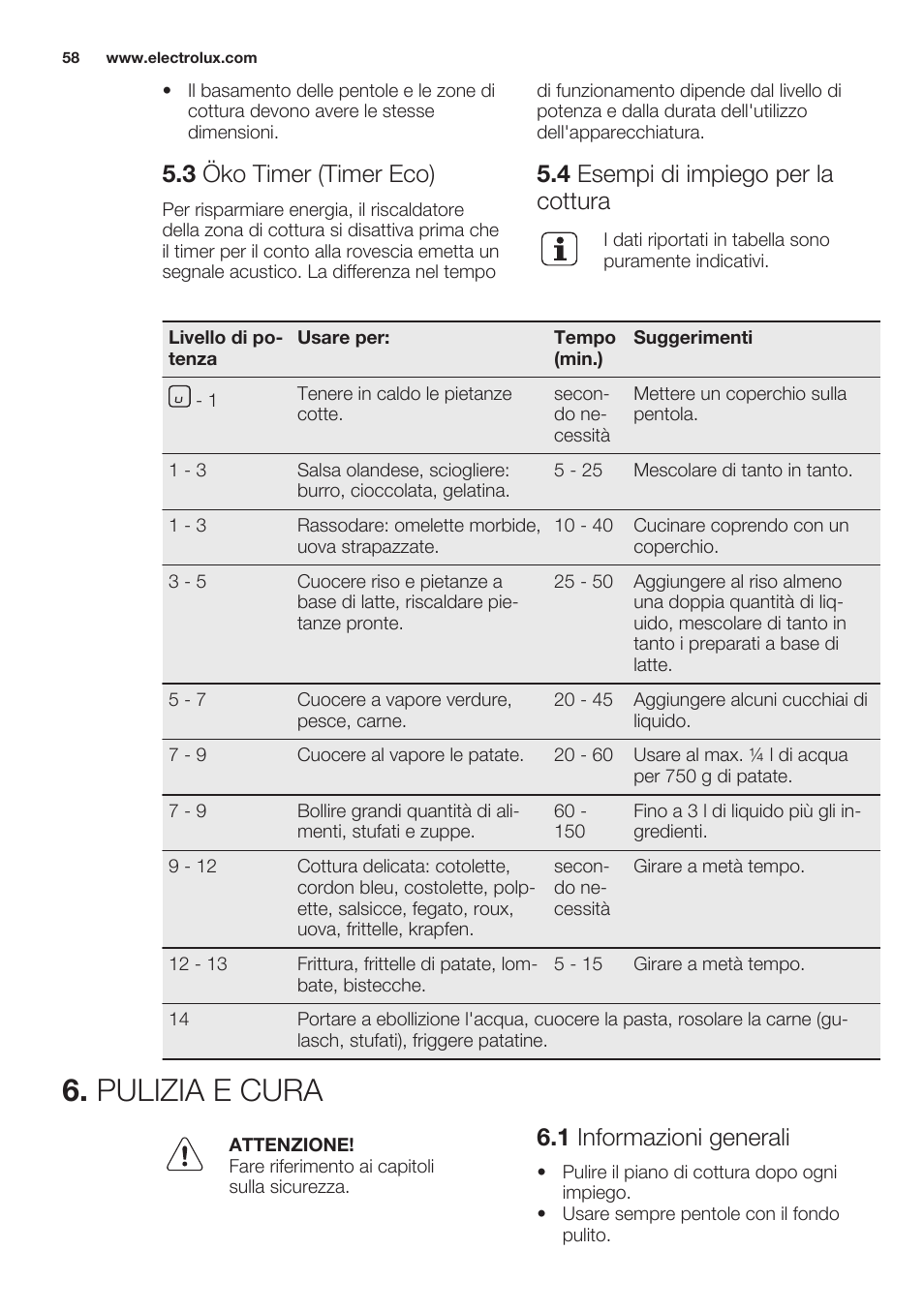 3 öko timer (timer eco), 4 esempi di impiego per la cottura, Pulizia e cura | 1 informazioni generali | Electrolux EHF6747FOK User Manual | Page 58 / 64