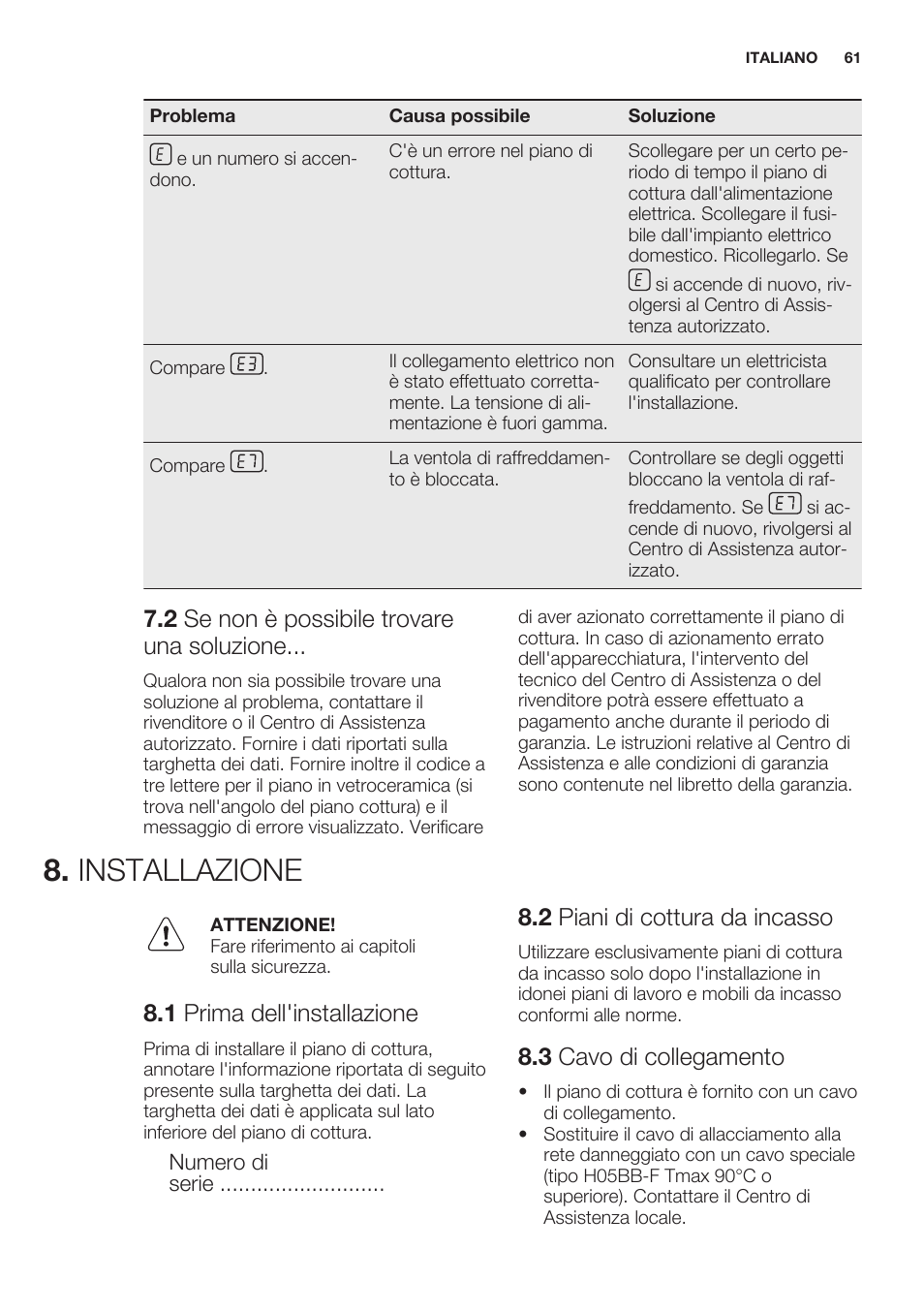 2 se non è possibile trovare una soluzione, Installazione, 1 prima dell'installazione | 2 piani di cottura da incasso, 3 cavo di collegamento | Electrolux EHF6747FOK User Manual | Page 61 / 64