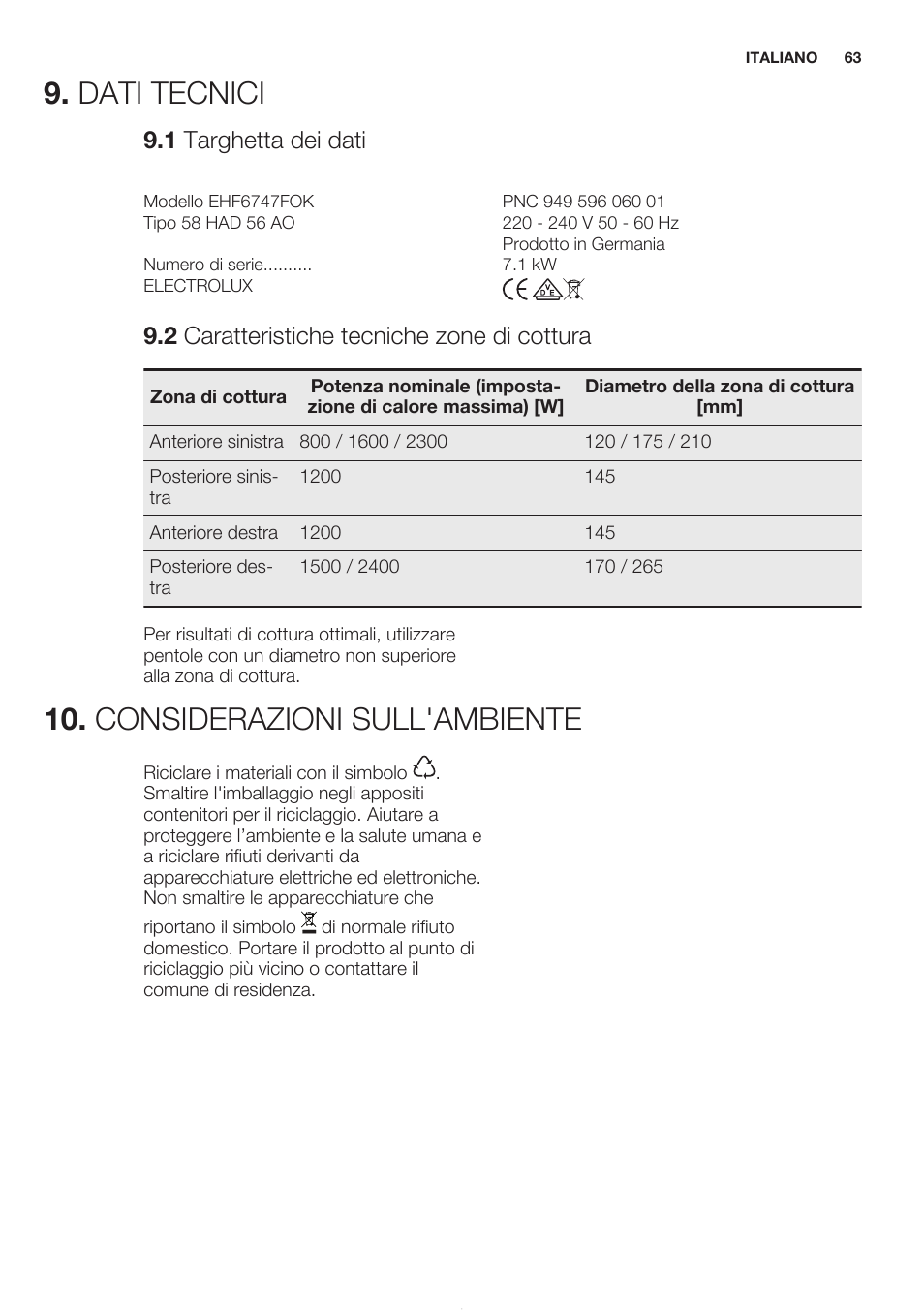 1 targhetta dei dati, 2 caratteristiche tecniche zone di cottura, Dati tecnici | Considerazioni sull'ambiente | Electrolux EHF6747FOK User Manual | Page 63 / 64