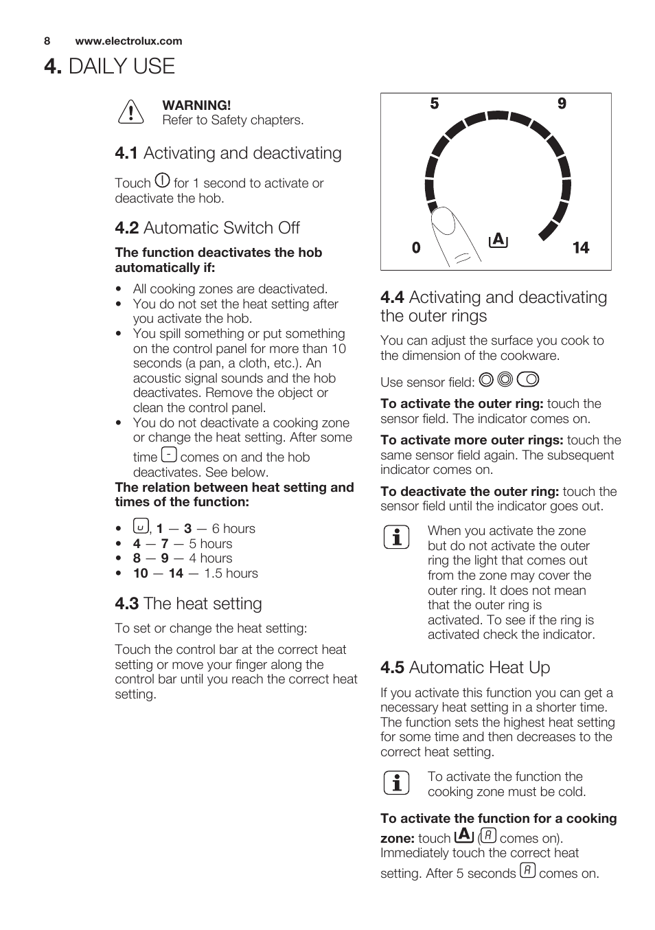 1 activating and deactivating, 2 automatic switch off, 3 the heat setting | 4 activating and deactivating the outer rings, 5 automatic heat up, Daily use | Electrolux EHF6747FOK User Manual | Page 8 / 64