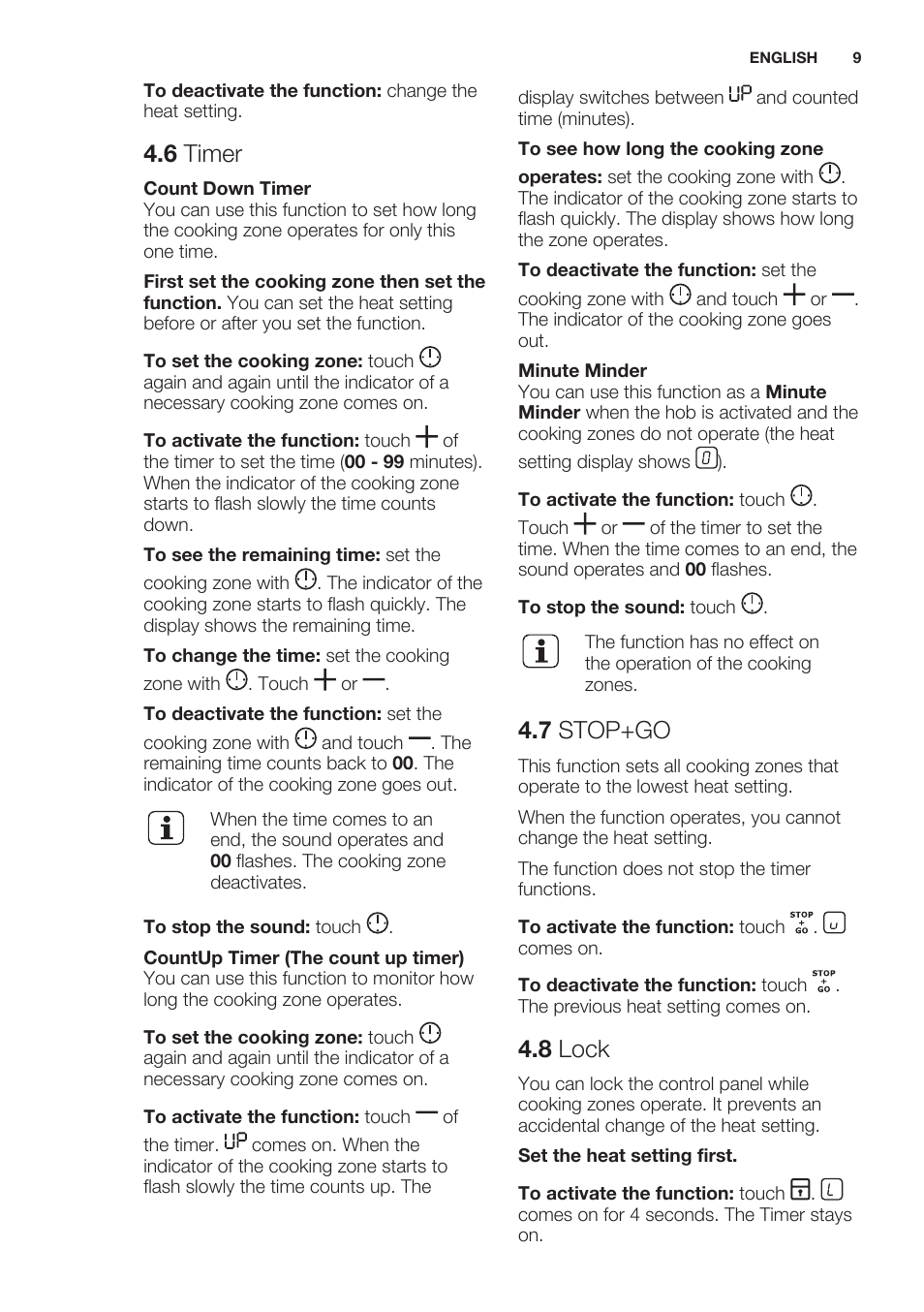 6 timer, 7 stop+go, 8 lock | Electrolux EHF6747FOK User Manual | Page 9 / 64