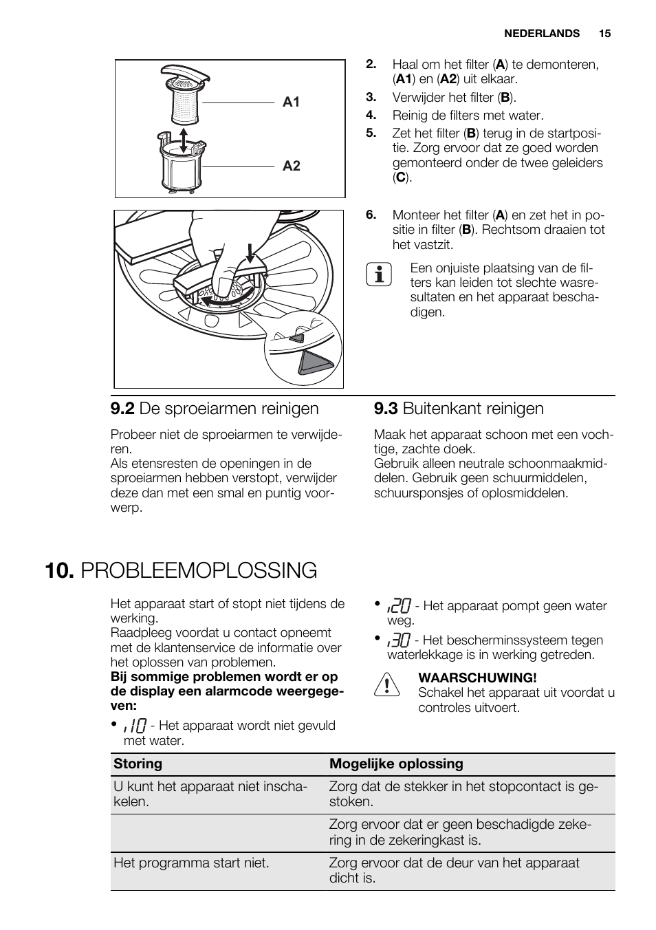 Probleemoplossing, 2 de sproeiarmen reinigen, 3 buitenkant reinigen | Electrolux ESL6391RA User Manual | Page 15 / 68