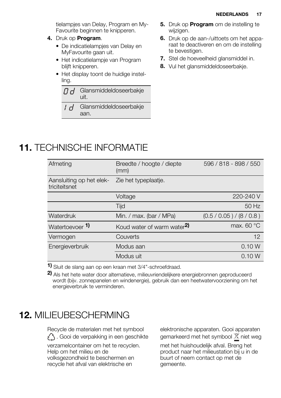 Technische informatie, Milieubescherming | Electrolux ESL6391RA User Manual | Page 17 / 68