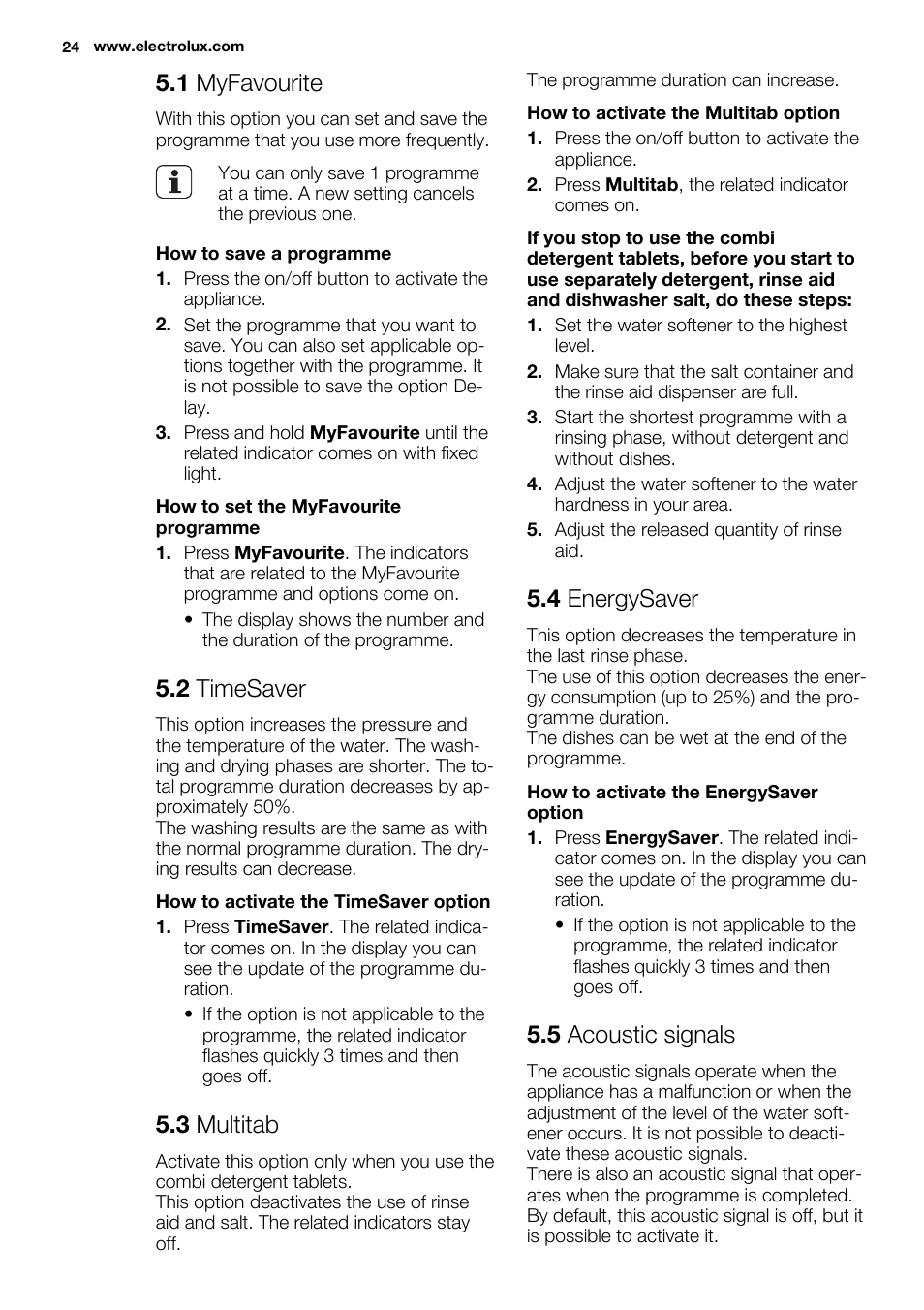 1 myfavourite, 2 timesaver, 3 multitab | 4 energysaver, 5 acoustic signals | Electrolux ESL6391RA User Manual | Page 24 / 68