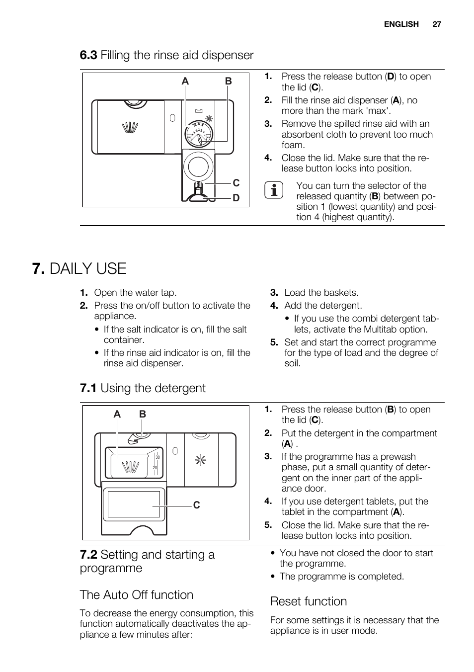 Daily use, 3 filling the rinse aid dispenser, 1 using the detergent | Reset function, Ab d c, Ab c | Electrolux ESL6391RA User Manual | Page 27 / 68