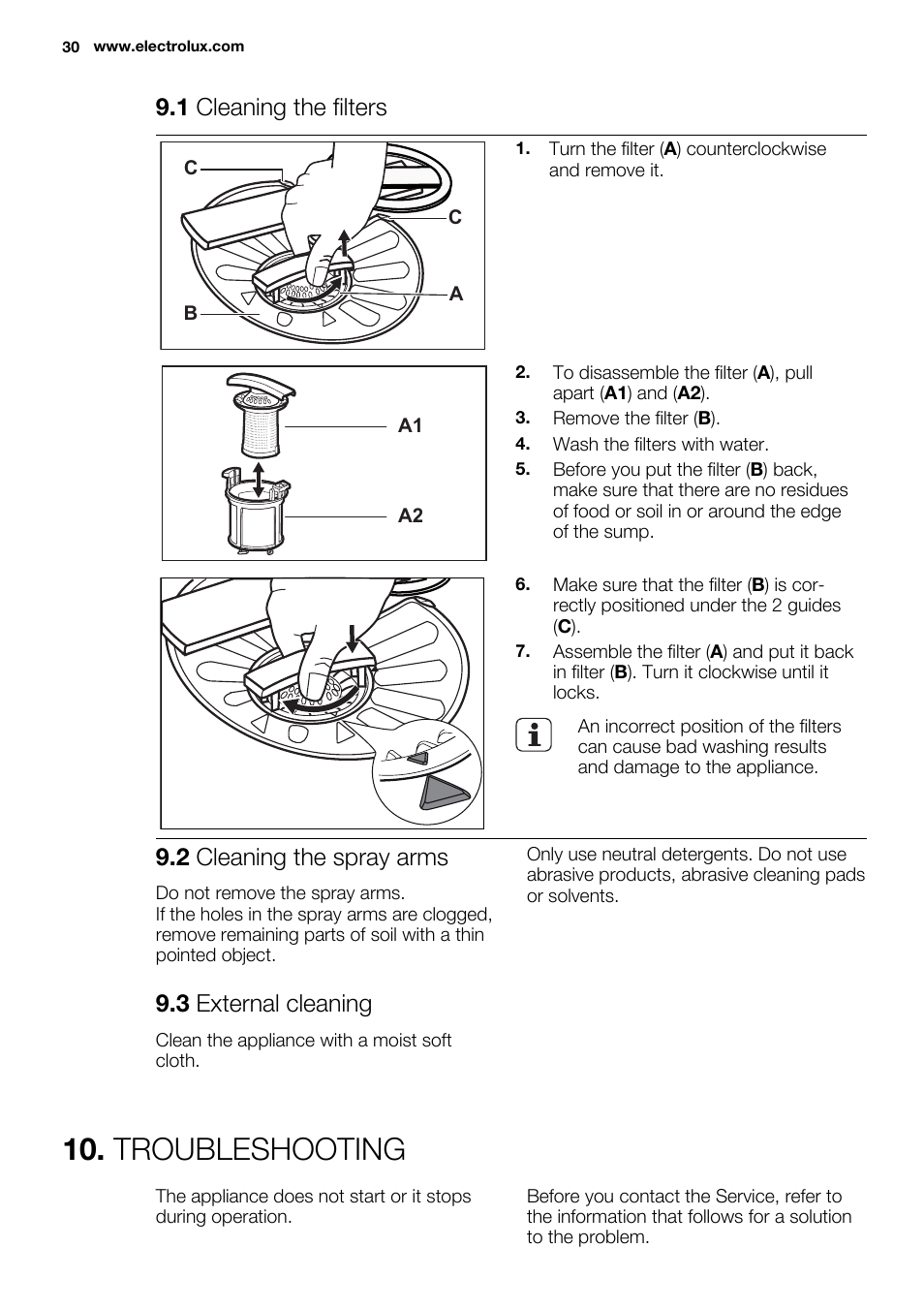 Troubleshooting, 1 cleaning the filters, 2 cleaning the spray arms | 3 external cleaning | Electrolux ESL6391RA User Manual | Page 30 / 68