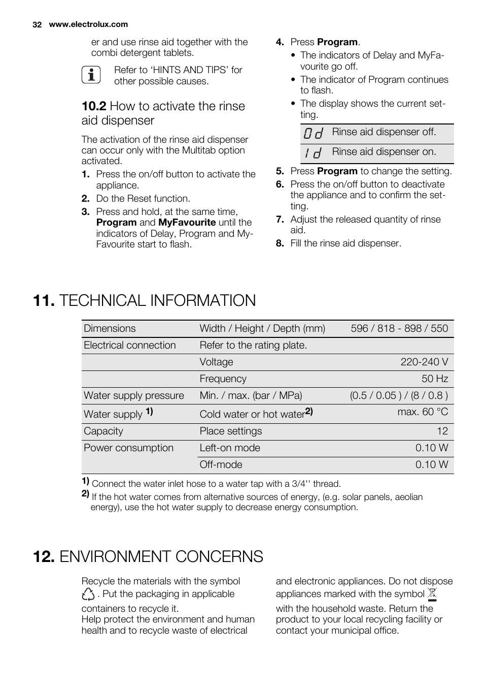 Technical information, Environment concerns, 2 how to activate the rinse aid dispenser | Electrolux ESL6391RA User Manual | Page 32 / 68