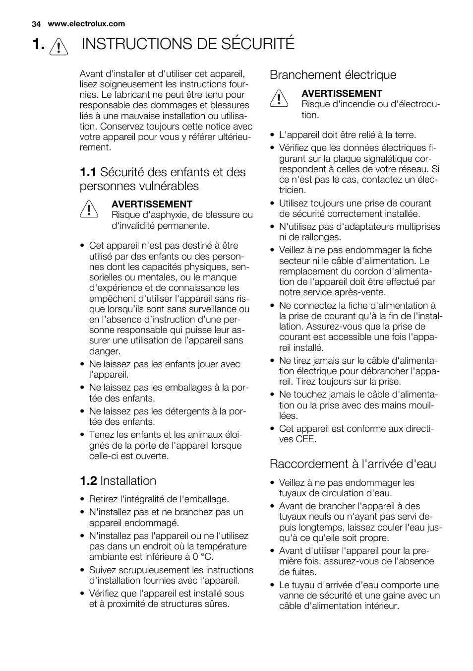 Instructions de sécurité, 2 installation, Branchement électrique | Raccordement à l'arrivée d'eau | Electrolux ESL6391RA User Manual | Page 34 / 68