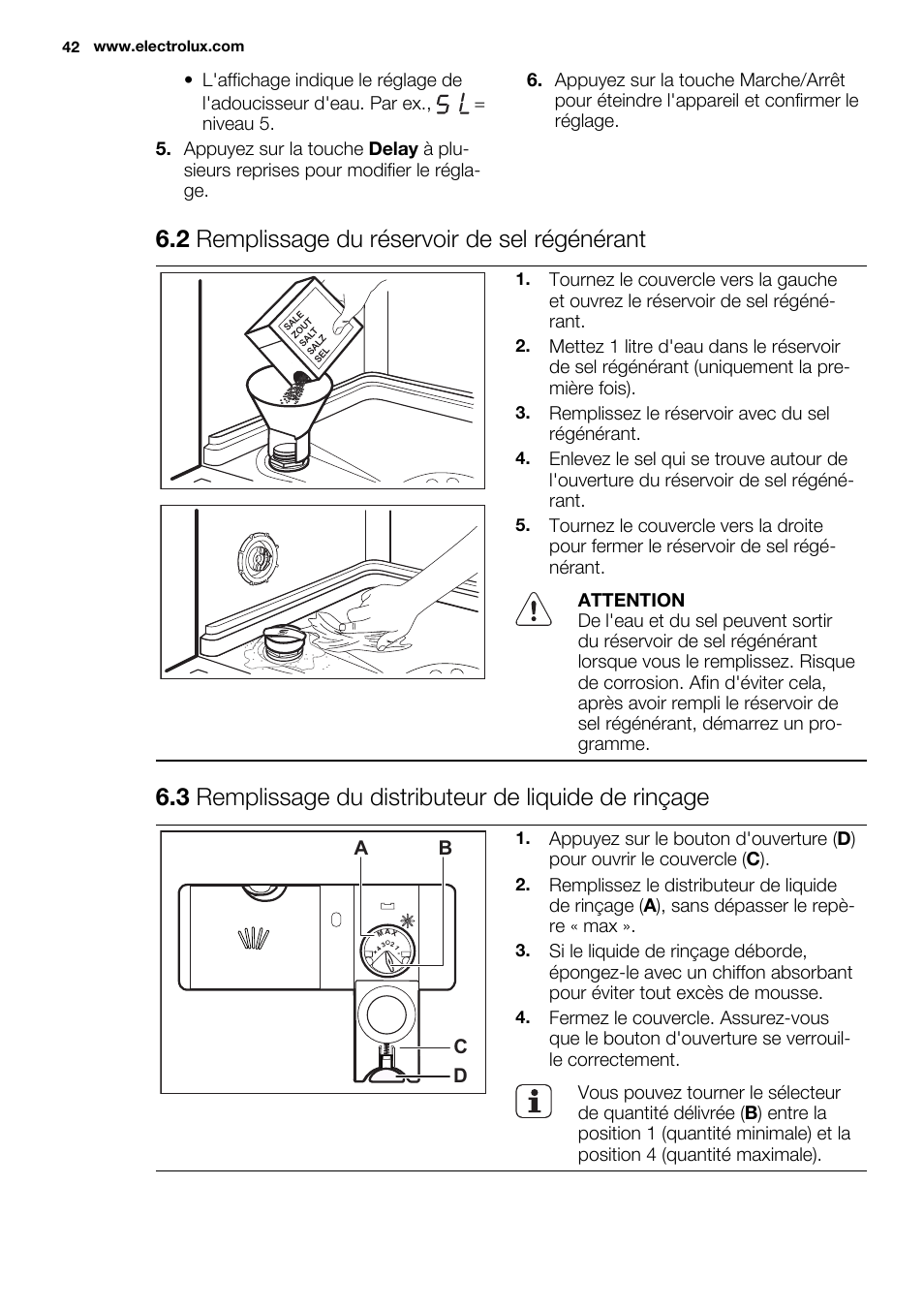 2 remplissage du réservoir de sel régénérant | Electrolux ESL6391RA User Manual | Page 42 / 68
