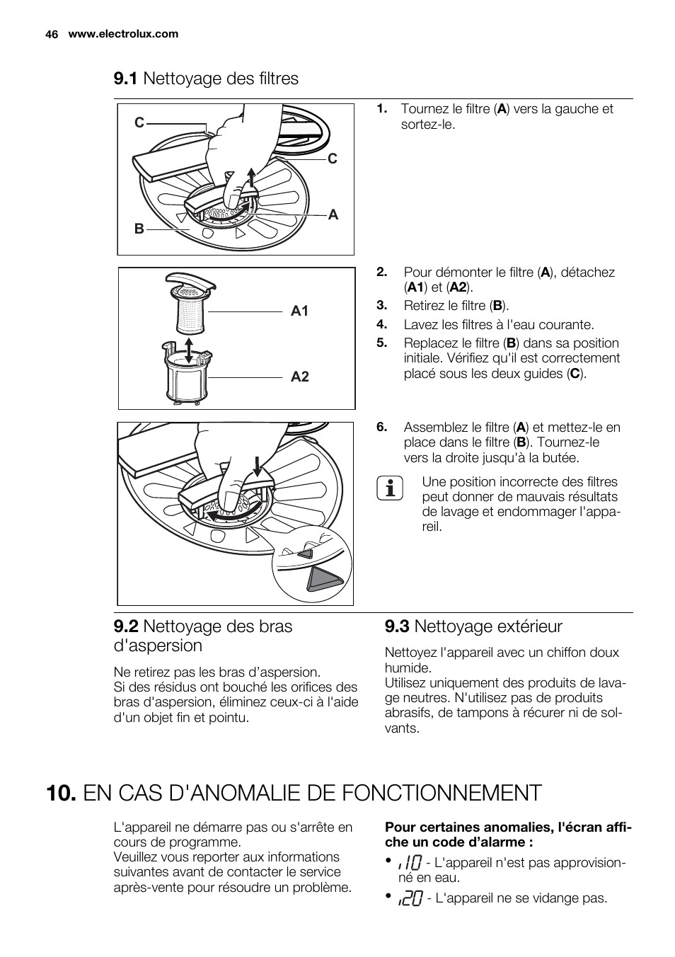 En cas d'anomalie de fonctionnement, 1 nettoyage des filtres, 2 nettoyage des bras d'aspersion | 3 nettoyage extérieur | Electrolux ESL6391RA User Manual | Page 46 / 68
