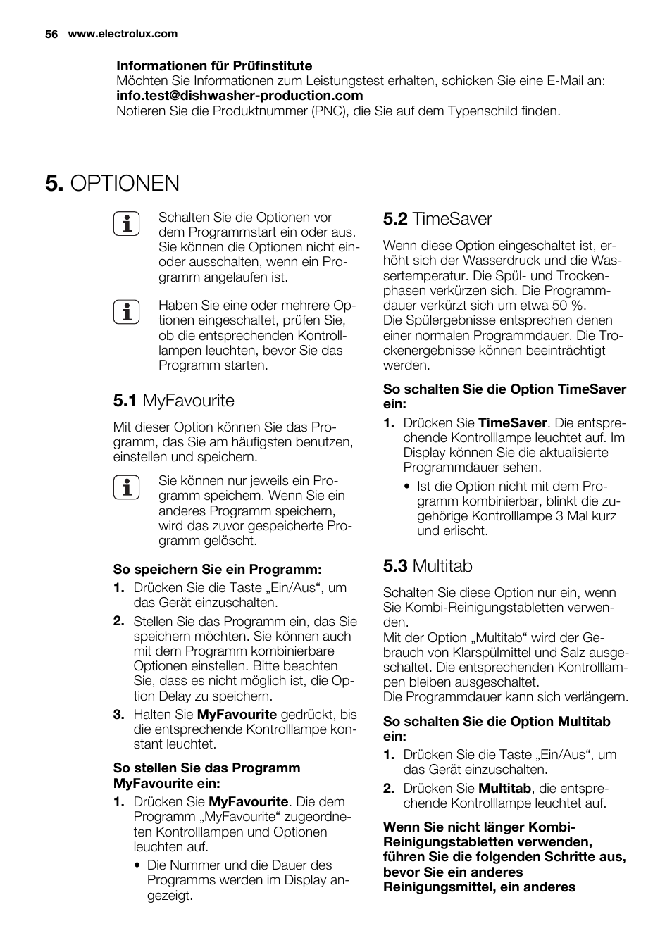 Optionen, 1 myfavourite, 2 timesaver | 3 multitab | Electrolux ESL6391RA User Manual | Page 56 / 68