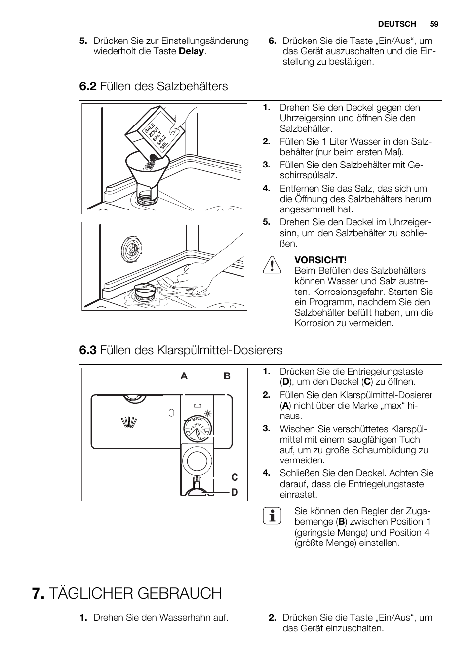 Täglicher gebrauch, 2 füllen des salzbehälters, 3 füllen des klarspülmittel-dosierers | Electrolux ESL6391RA User Manual | Page 59 / 68