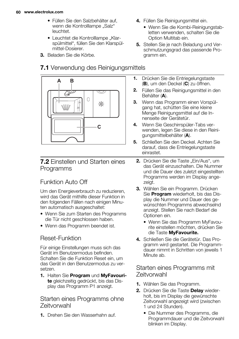 1 verwendung des reinigungsmittels, Reset-funktion, Starten eines programms ohne zeitvorwahl | Starten eines programms mit zeitvorwahl | Electrolux ESL6391RA User Manual | Page 60 / 68