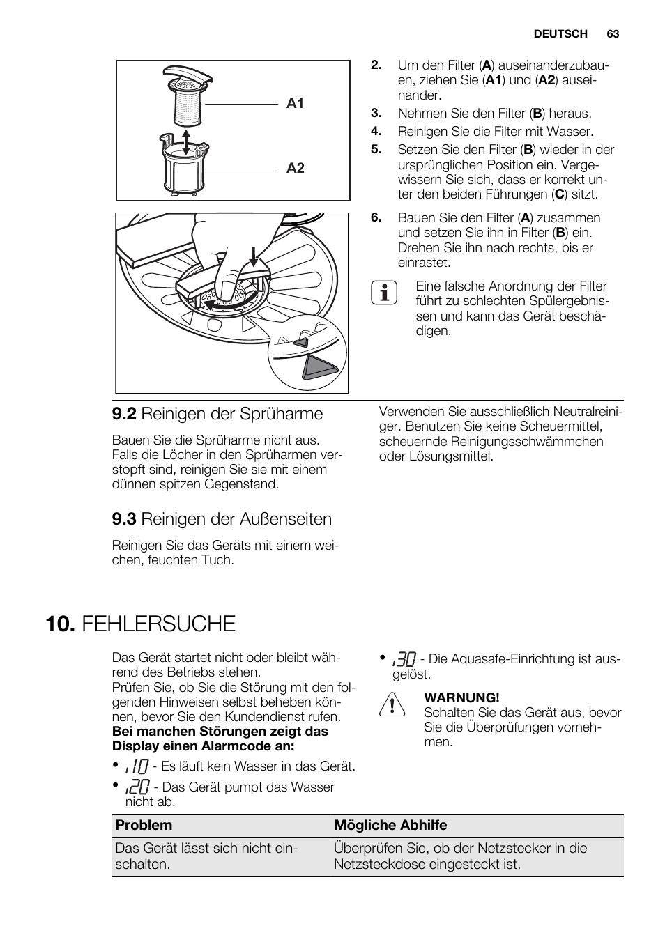 Fehlersuche, 2 reinigen der sprüharme, 3 reinigen der außenseiten | Electrolux ESL6391RA User Manual | Page 63 / 68