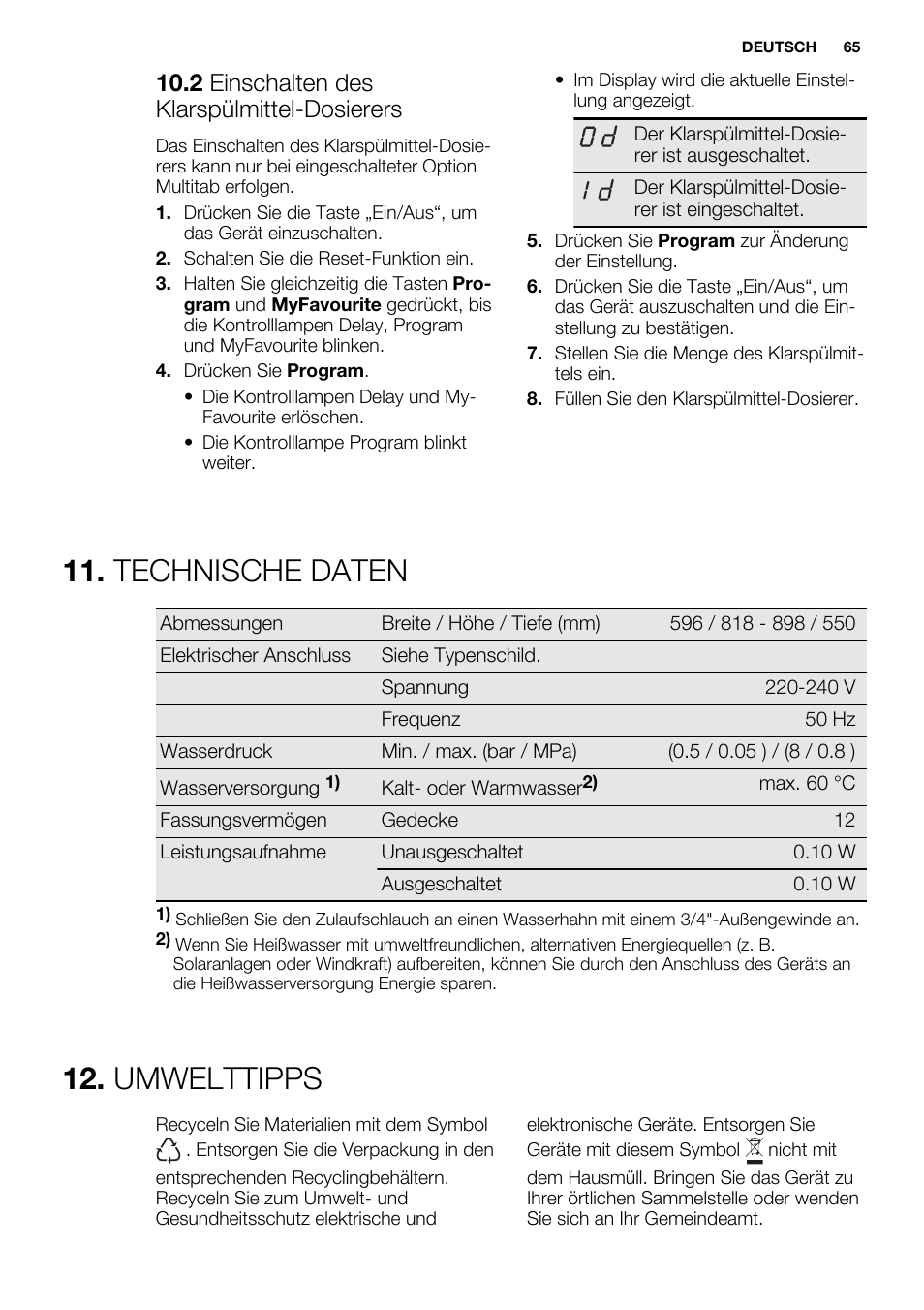 Technische daten, Umwelttipps, 2 einschalten des klarspülmittel-dosierers | Electrolux ESL6391RA User Manual | Page 65 / 68