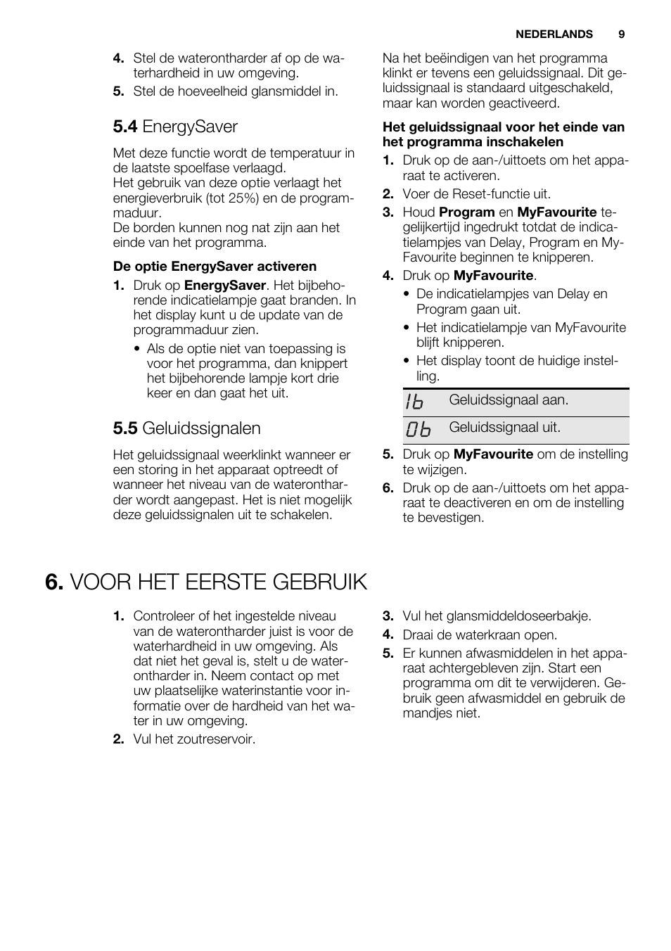 Voor het eerste gebruik, 4 energysaver, 5 geluidssignalen | Electrolux ESL6391RA User Manual | Page 9 / 68