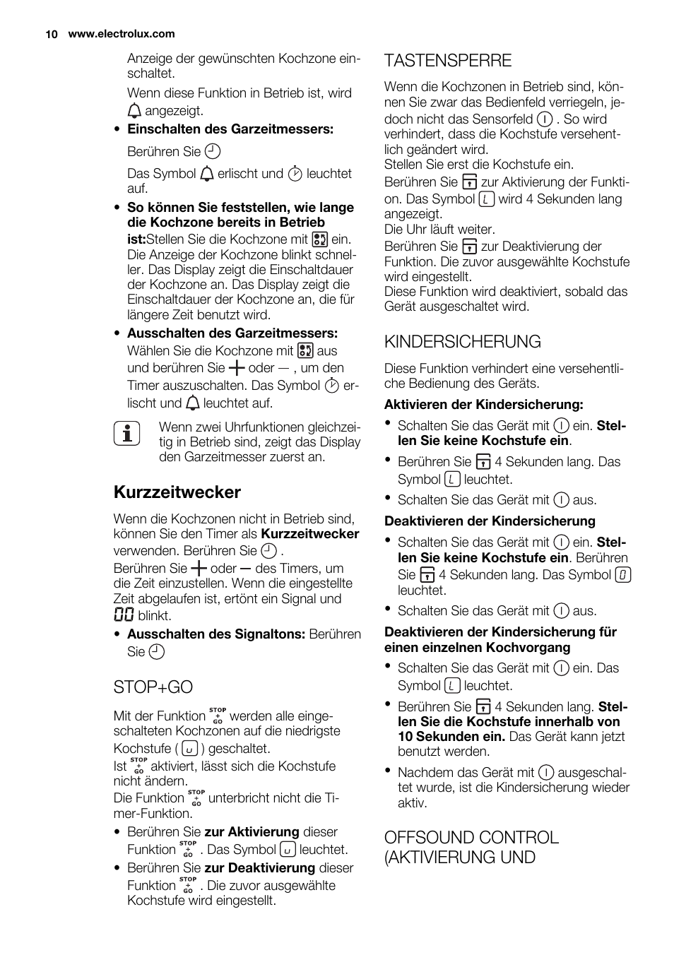 Kurzzeitwecker, Stop+go, Tastensperre | Kindersicherung, Offsound control (aktivierung und | Electrolux EQL4520BOG User Manual | Page 10 / 84