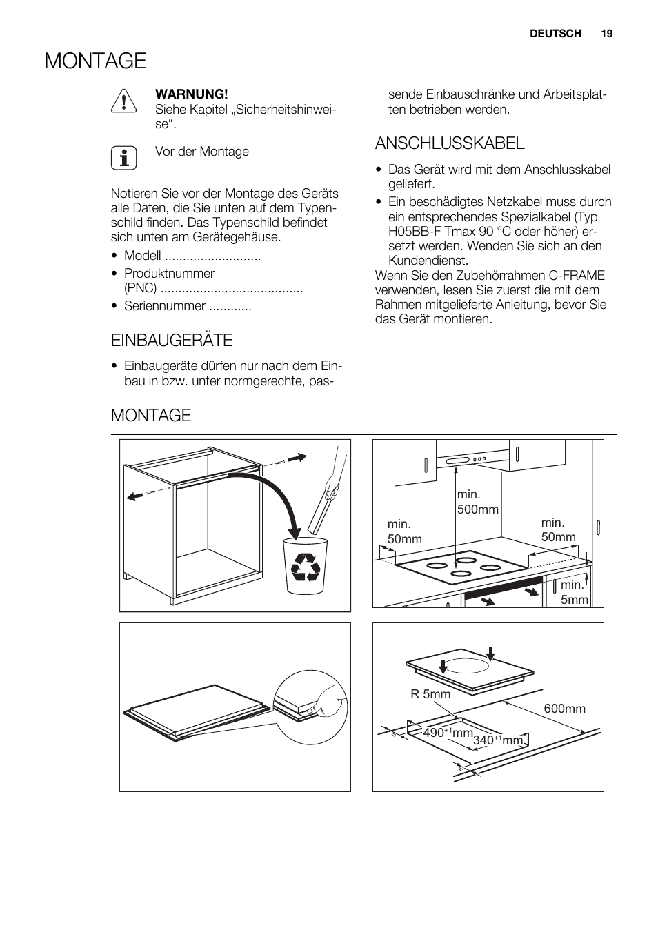 Montage, Einbaugeräte, Anschlusskabel | Electrolux EQL4520BOG User Manual | Page 19 / 84