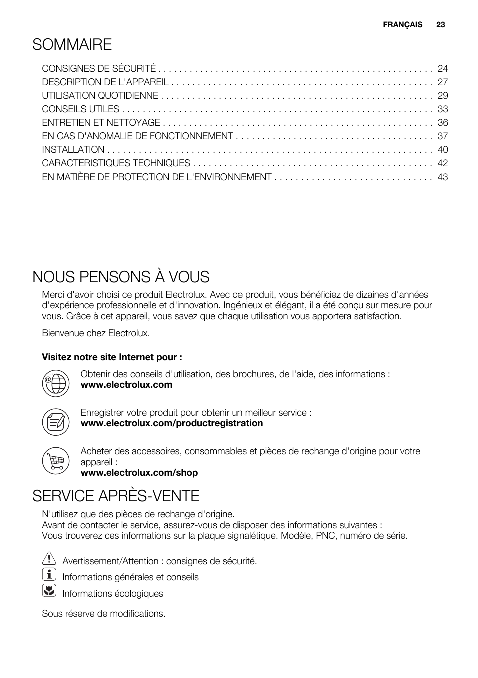 Sommaire, Nous pensons à vous, Service après-vente | Electrolux EQL4520BOG User Manual | Page 23 / 84