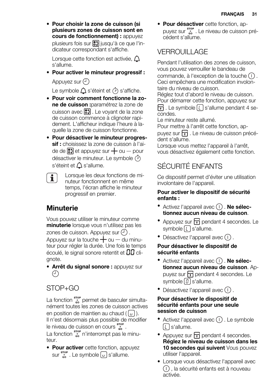 Minuterie, Stop+go, Verrouillage | Sécurité enfants | Electrolux EQL4520BOG User Manual | Page 31 / 84