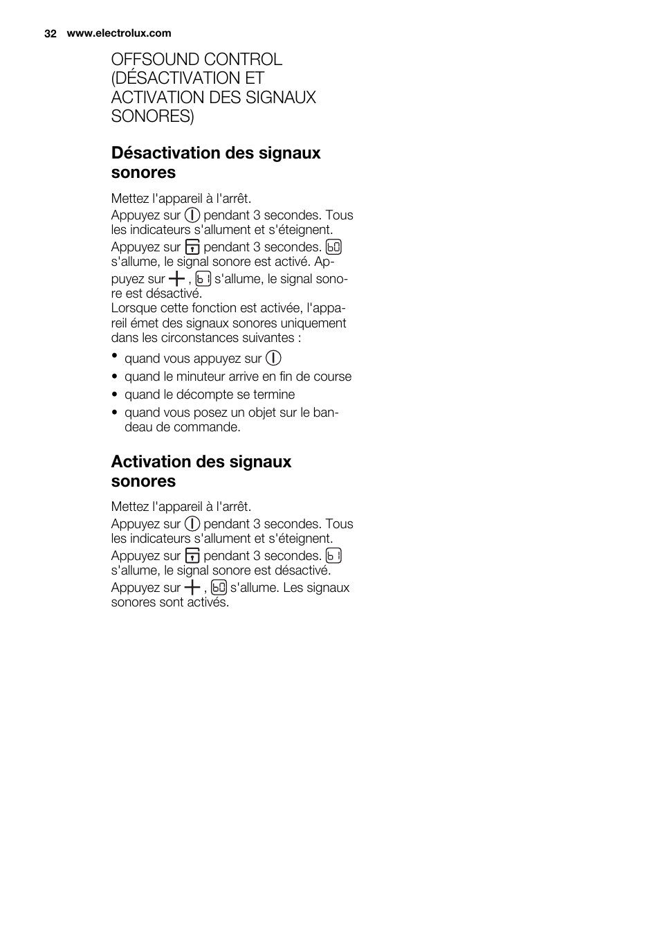 Activation des signaux sonores | Electrolux EQL4520BOG User Manual | Page 32 / 84