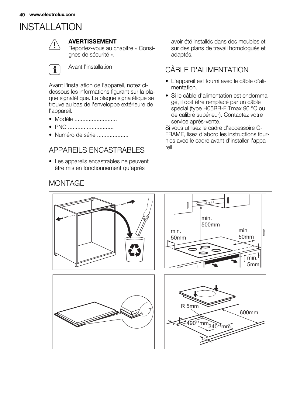 Installation, Appareils encastrables, Câble d'alimentation | Montage | Electrolux EQL4520BOG User Manual | Page 40 / 84