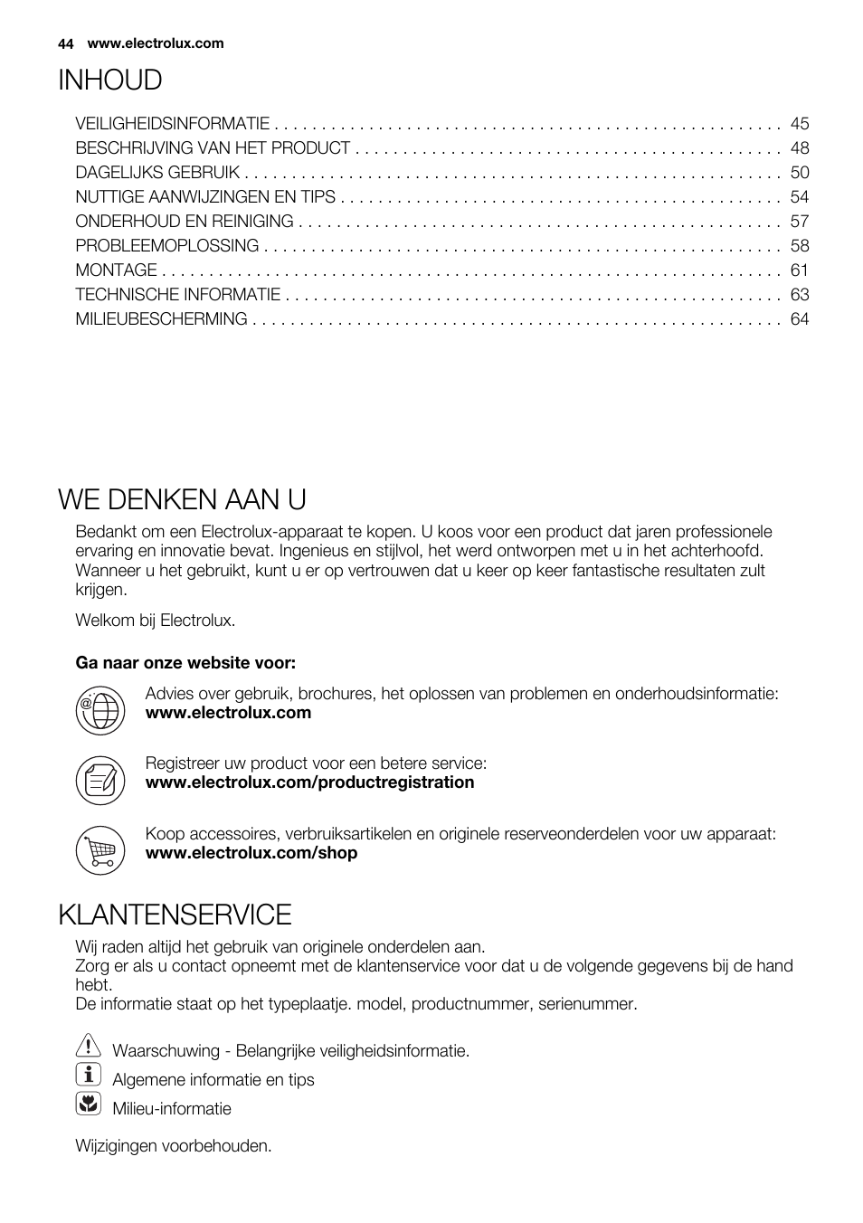 Inhoud, We denken aan u, Klantenservice | Electrolux EQL4520BOG User Manual | Page 44 / 84