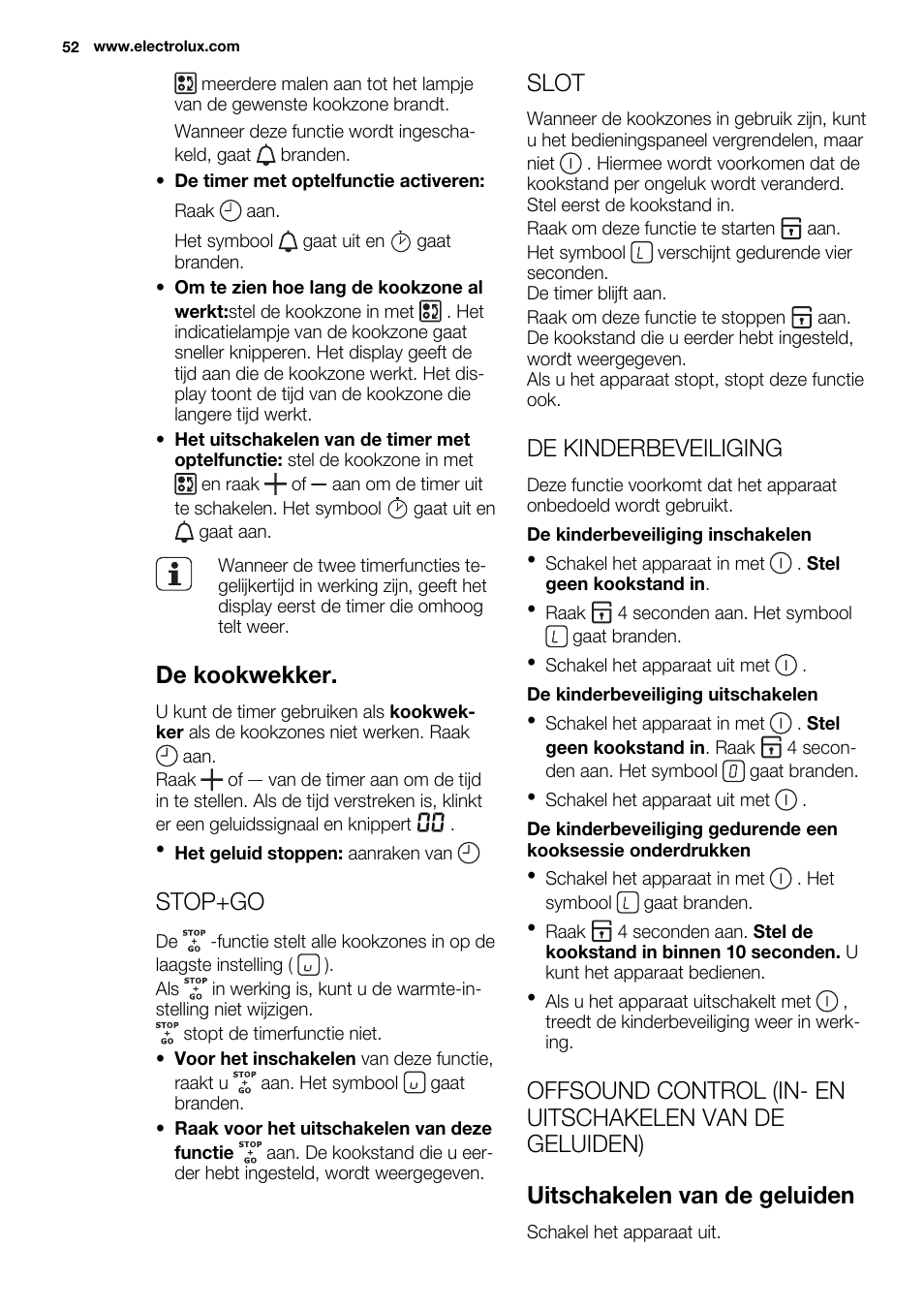 De kookwekker, Stop+go, Slot | De kinderbeveiliging | Electrolux EQL4520BOG User Manual | Page 52 / 84