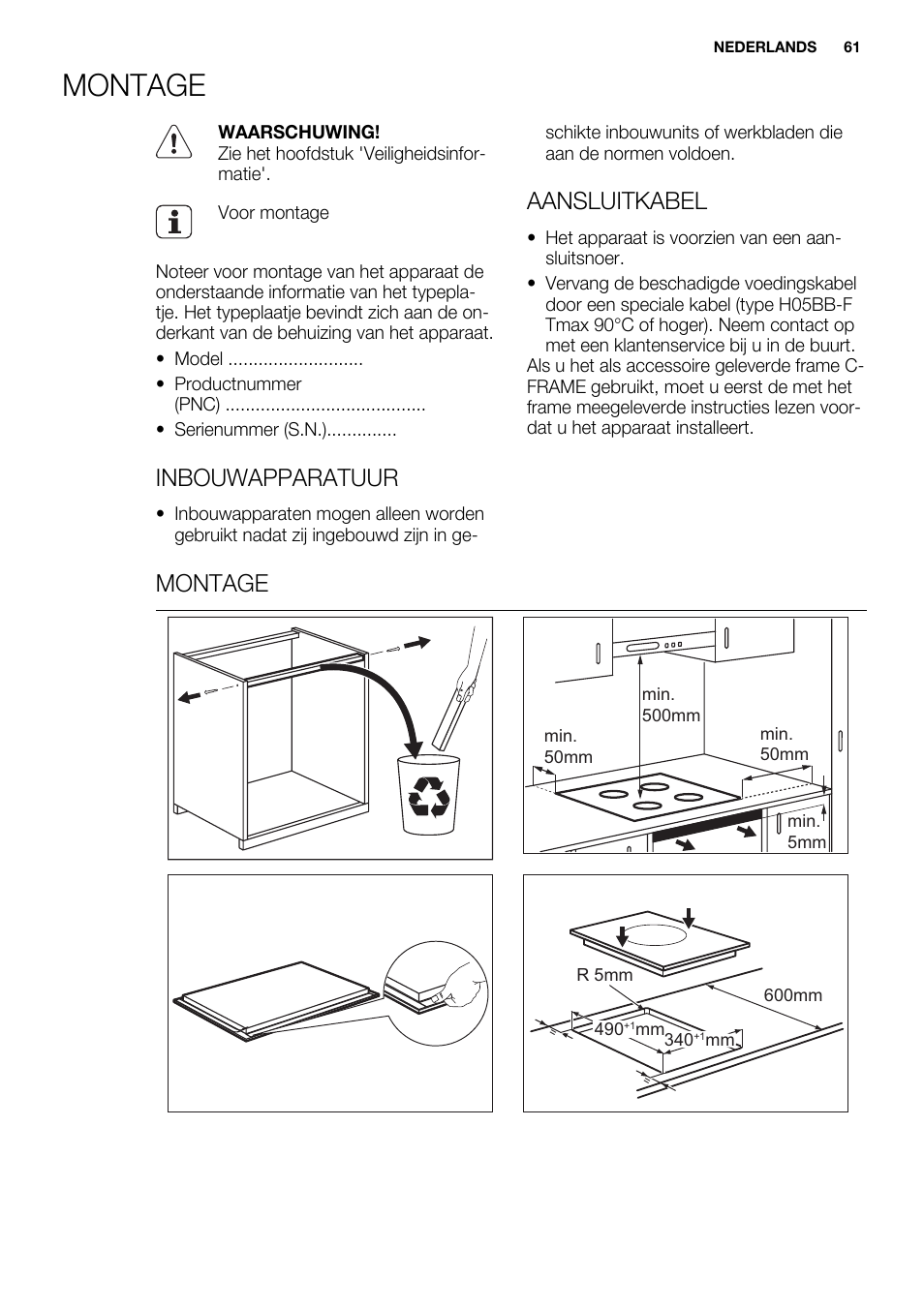 Montage, Inbouwapparatuur, Aansluitkabel | Electrolux EQL4520BOG User Manual | Page 61 / 84