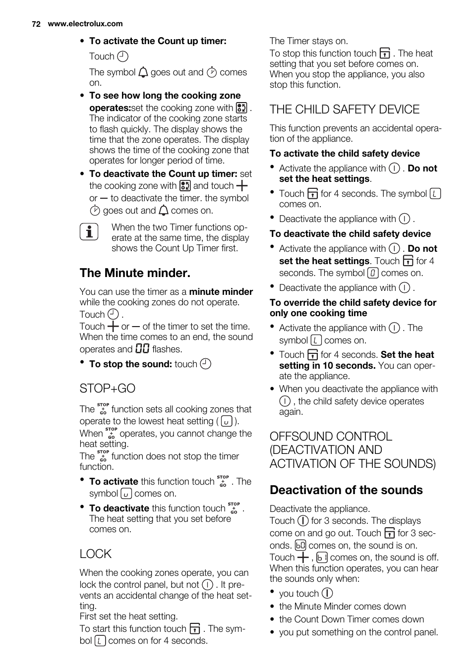 The minute minder, Stop+go, Lock | The child safety device | Electrolux EQL4520BOG User Manual | Page 72 / 84