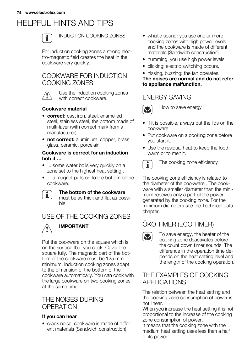 Helpful hints and tips, Cookware for induction cooking zones, Use of the cooking zones | The noises during operation, Energy saving, Öko timer (eco timer), The examples of cooking applications | Electrolux EQL4520BOG User Manual | Page 74 / 84