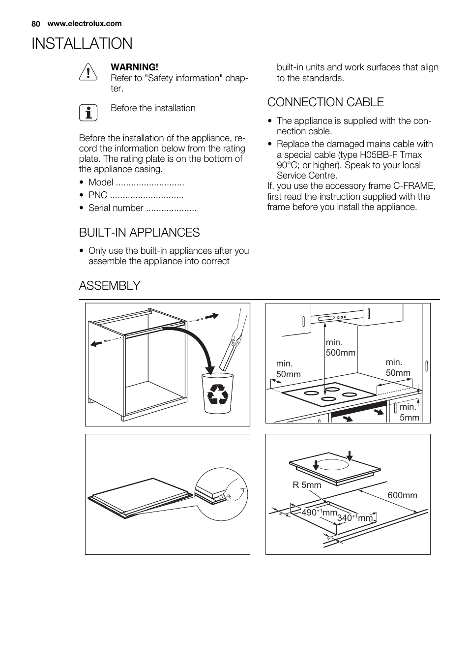 Installation, Built-in appliances, Connection cable | Assembly | Electrolux EQL4520BOG User Manual | Page 80 / 84