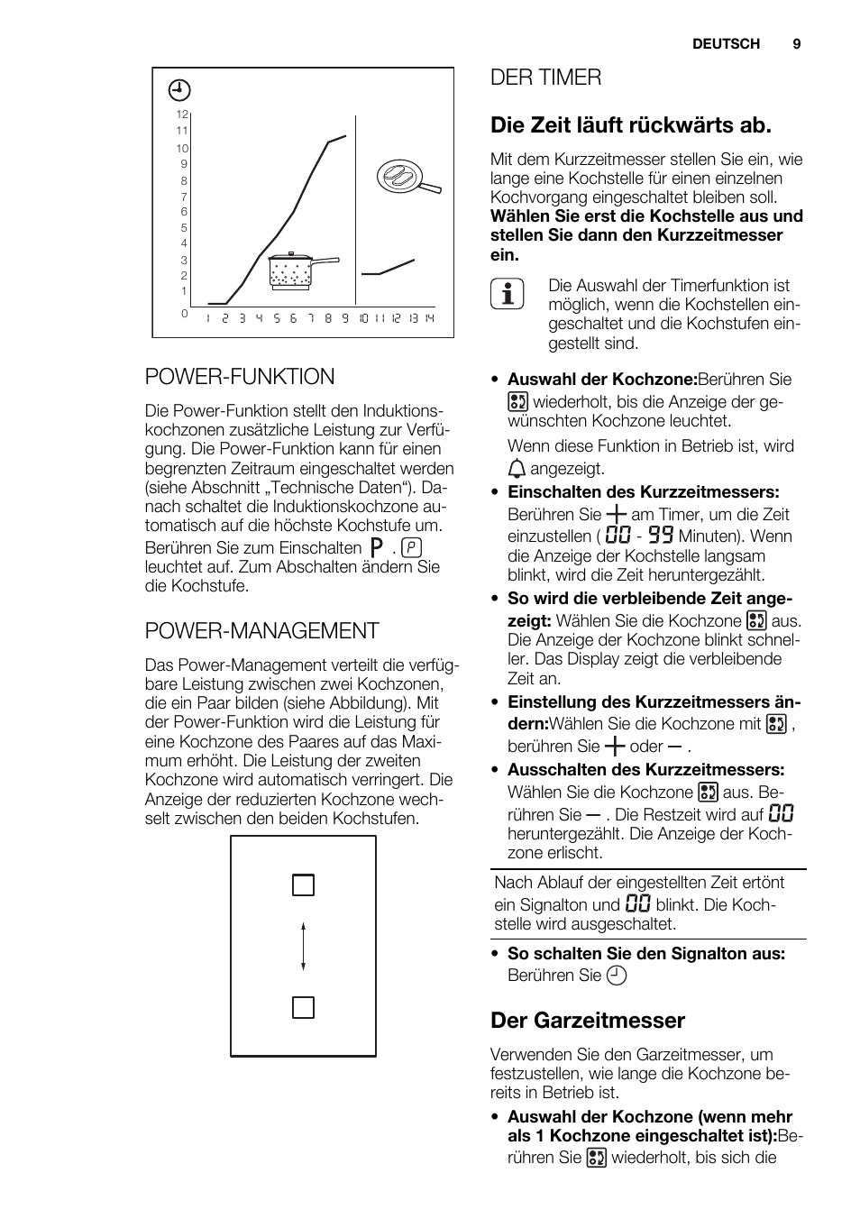 Power-funktion, Power-management, Der timer die zeit läuft rückwärts ab | Der garzeitmesser | Electrolux EQL4520BOG User Manual | Page 9 / 84