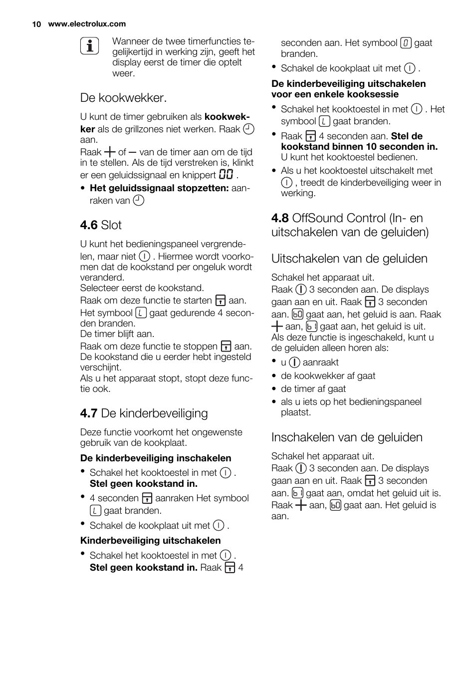 De kookwekker, 6 slot, 7 de kinderbeveiliging | Inschakelen van de geluiden | Electrolux EQT4520BOG User Manual | Page 10 / 76